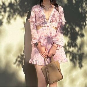 showpo Pink Floral Ruffle Dress